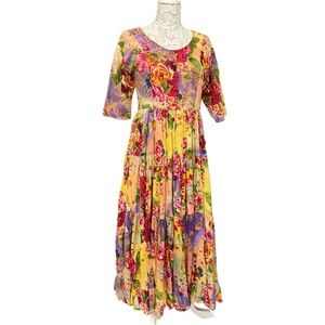 Papillon Vintage Floral Cotton Crepe Tiered Maxi Dress, Medium, Boho Cottage
